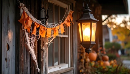 Decorated House for Holiday with Lantern and Garland