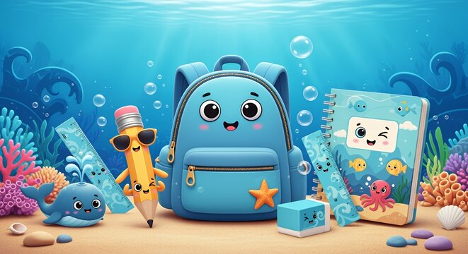 Undersea School Supplies Adventure: Cute Backpack, Pencil, Whale, and More! - Powered by Adobe