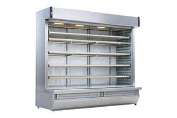 Refrigerated air curtain merchandiser front view horizontal open air merchandiser 3d rendering isolated on transparent background