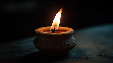 Small terracotta candle glows softly in dark