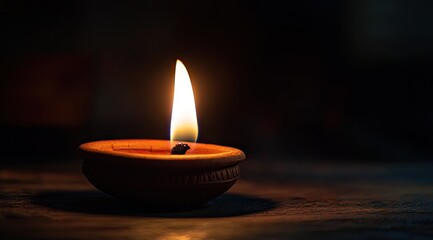 Single candle flame in terracotta bowl