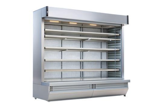 Refrigerated air curtain merchandiser front view horizontal open air merchandiser 3d rendering isolated on transparent background