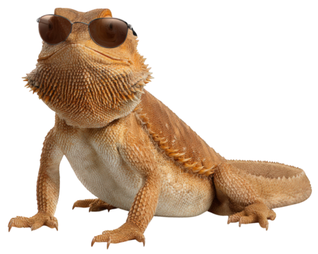 Bearded dragon reptile sunglasses funny animal humor photorealistic cool pet isolated confident brown lizard stylish happy quirky unique creative cheerful expressive attitude fashion trendy summer