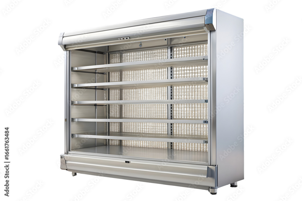 Poster refrigerated air curtain merchandiser front view horizontal open air merchandiser 3d rendering isola
