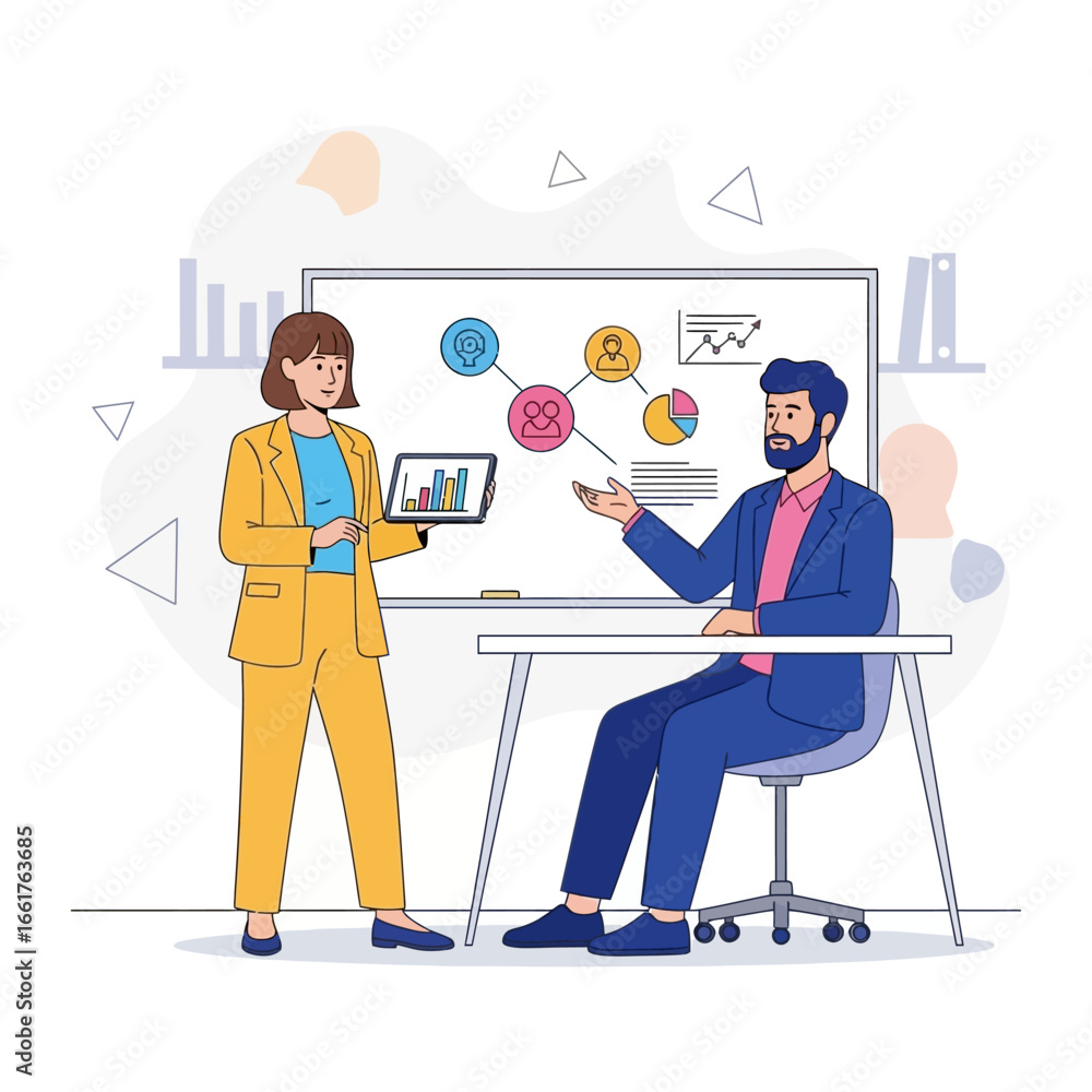 Poster strategic synergy: two figures engage in a dynamic business meeting, collaboratively analyzing data 
