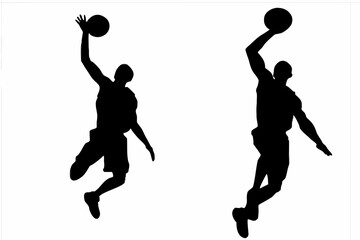 Two basketball players jumping to dunk ball in mid air motion silhouettes