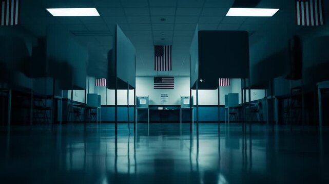 Cinematic Slow Dolly Through an Empty Atmospheric American Polling Station at Night.