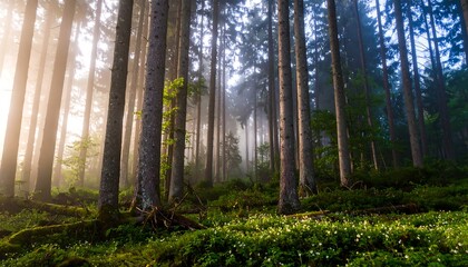 Fototapeta premium Misty forest, sunlit floor