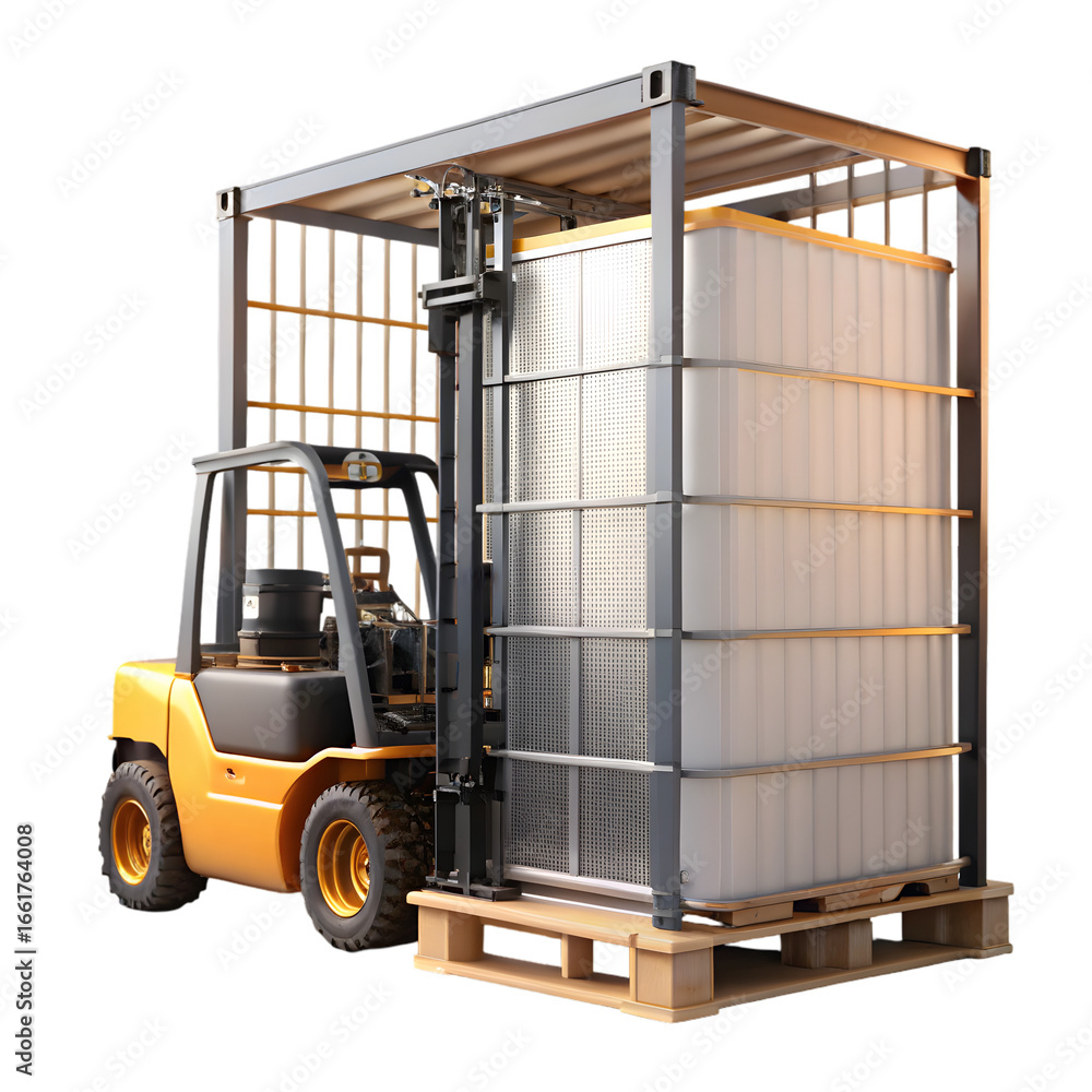 Poster forklift truck with intermediate bulk container 3d rendering isolated on transparent background