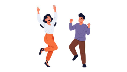 Dynamic Duo: A vibrant illustration portrays a joyful man and woman dancing and celebrating, hands raised in jubilant celebration. The bright colours and energetic pose evoke feelings of excitement.
