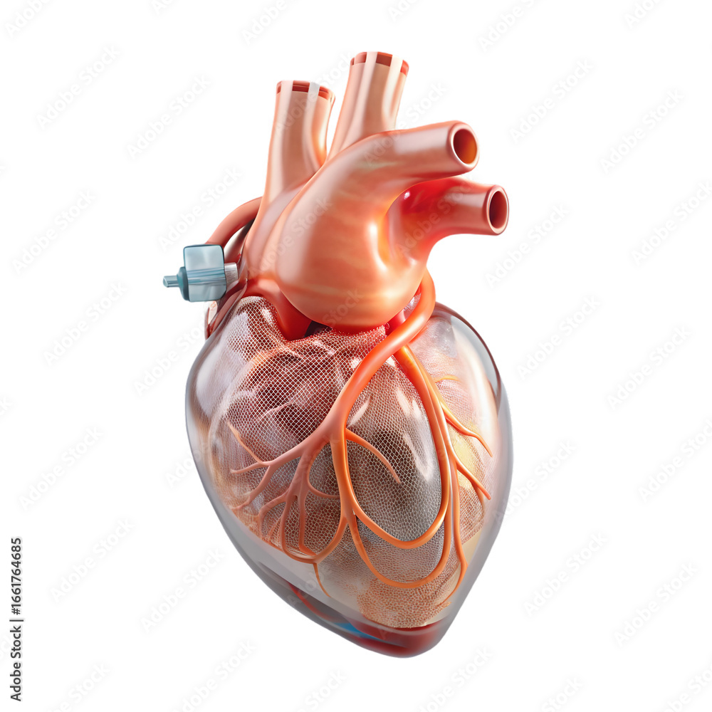 Poster human heart with implantable cardiac device 3d rendering isolated on transparent background