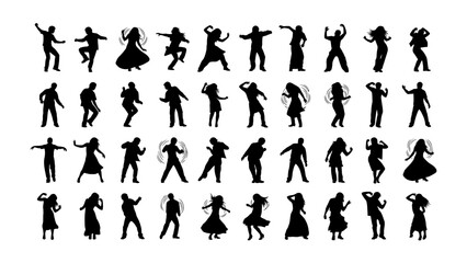 Dancing Silhouettes: An array of silhouette dancers move to their own music in black and white, each unique, symbolizing unity and freedom of self-expression.