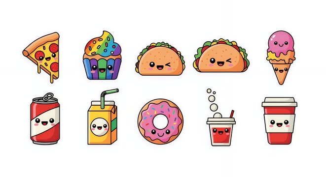 Adorable Kawaii Food Icons: Pizza, Cupcakes, Tacos, Ice Cream, Soda, Juice, Donuts, and Coffee