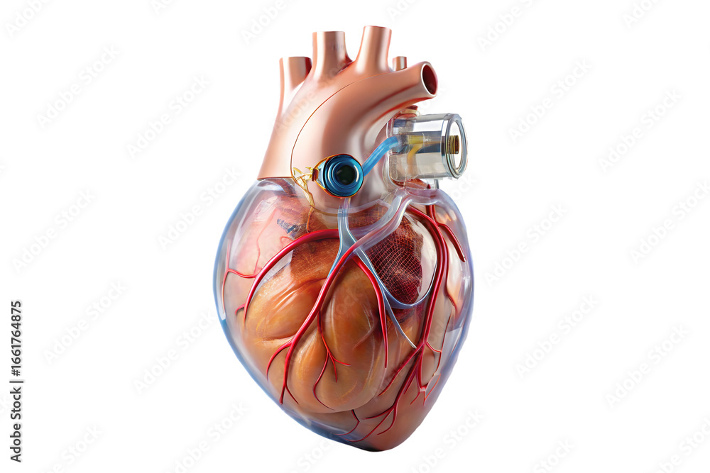 Poster human heart with implantable cardiac device 3d rendering isolated on transparent background