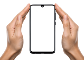 Hands holding a smartphone with a blank white screen isolated on transparent background