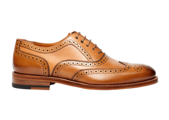 A stylish brown leather brogue shoe isolated on transparent background