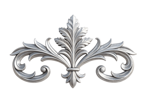 An ornate silver leaf scroll design isolated on transparent background