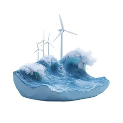 Renewable energy concept wind turbines generating electricity from ocean waves, symbolizing sustainable power and environmental technology isolated on transparent background