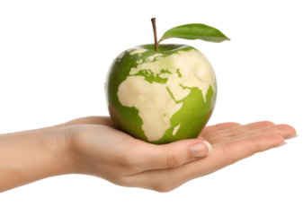 A hand holding an apple with the world map on it isolated on transparent background