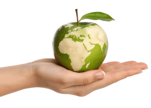 A hand holding an apple with the world map on it isolated on transparent background - Powered by Adobe