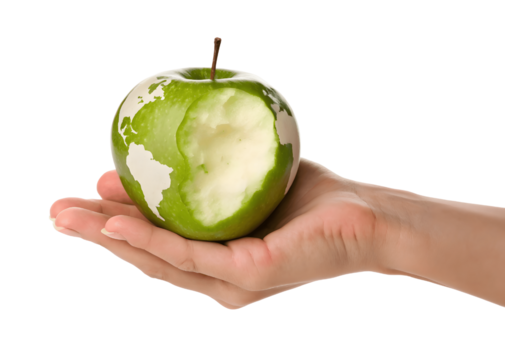 A hand holds a green apple with a bite taken out in the shape of the world isolated on transparent background