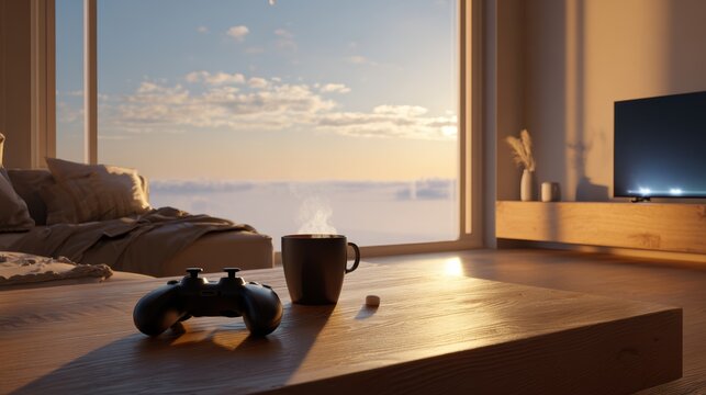 Cozy living room with a view of a sunrise, perfect for gaming and relaxation. - Powered by Adobe