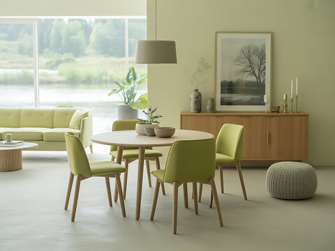 A bright, modern living and dining room with a pale green color scheme and large windows.