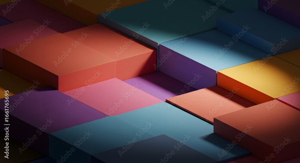 Poster abstract geometric composition featuring colorful rectangular blocks arranged in a layered, stepped 