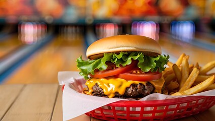 Juicy cheeseburger and french fries served in a basket at a bowling alley