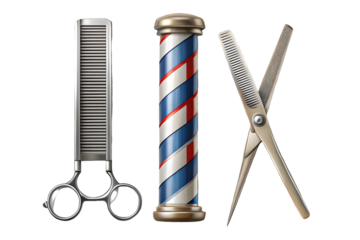 Barber pole hair comb straight razor and scissor barber shop hair salon concept 3d rendering isolated on transparent background