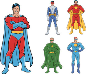 Collection of cartoon superheroes in colorful costumes with capes, powerful male hero characters in dynamic poses for comic book, fantasy, and children’s design illustrations © Hasem Creative