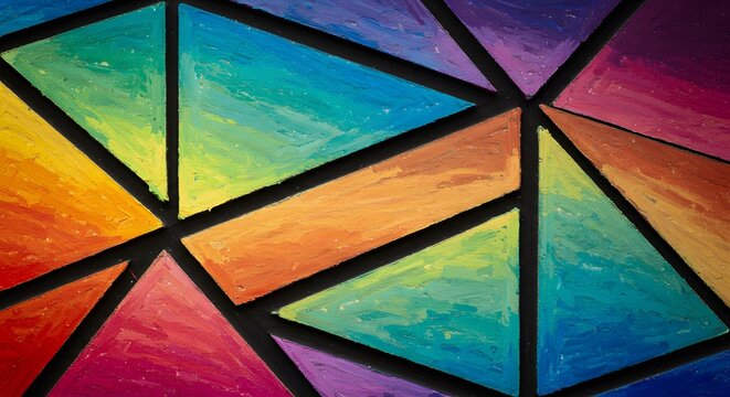 Abstract geometric composition featuring colorful triangles and rectangles outlined in black, creating a stained glass effect.