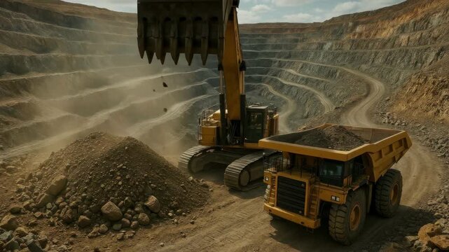 Aerial view of a large excavator loading rocks into a dump truck in an open-pit mine, capturing the industrial process in a dynamic video style. Live desktop wallpaper.