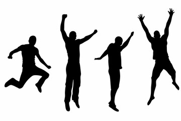 Four black silhouettes of people jumping in the air with arms raised high