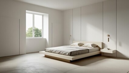 Minimalist bedroom interior design with natural light.