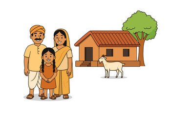 Vector illustration of a happy rural Indian family standing outside a traditional house with a goat and tree, depicting village life.
