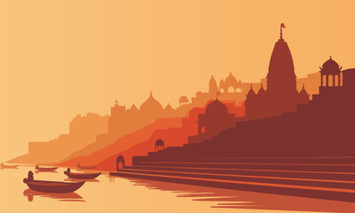 Varanasi silhouette vector design in the shades of orange.