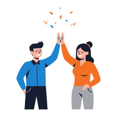 High-Five Success: A male and female figure high-fiving, exuding positivity, achievement, and partnership, celebrating an accomplished task with bright colors.