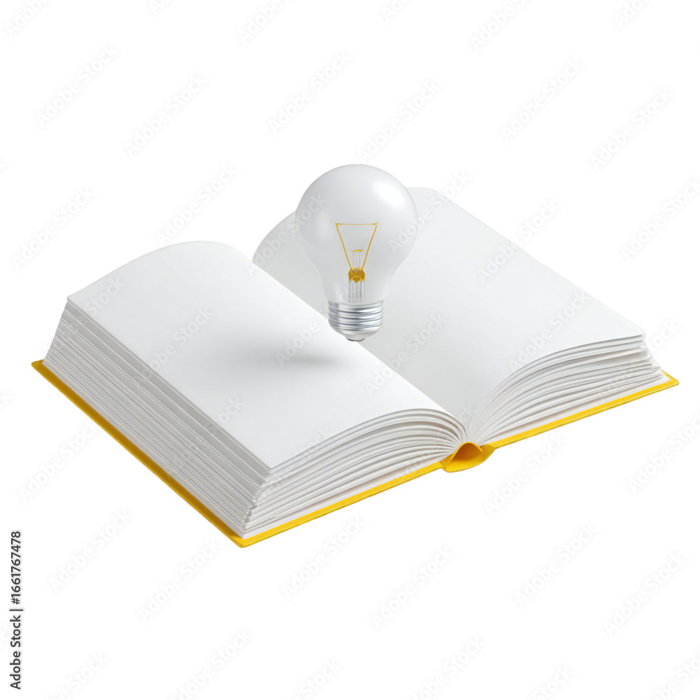 Poster an open book with a lightbulb on top, symbolizing a new idea, knowledge, and inspiration, isolated o