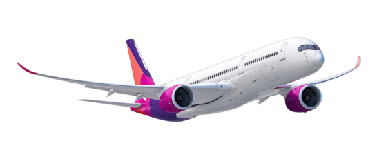 Commercial passenger airplane in flight, isolated on transparent background