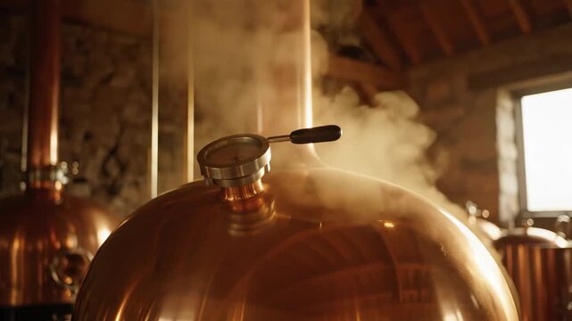 Steam Rising from Whisky Stills at Golden Hour - A close-up view of steam rising from copper whisky stills, illuminated by the warm glow of the golden hour.