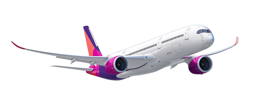 Commercial passenger airplane in flight, isolated on transparent background
