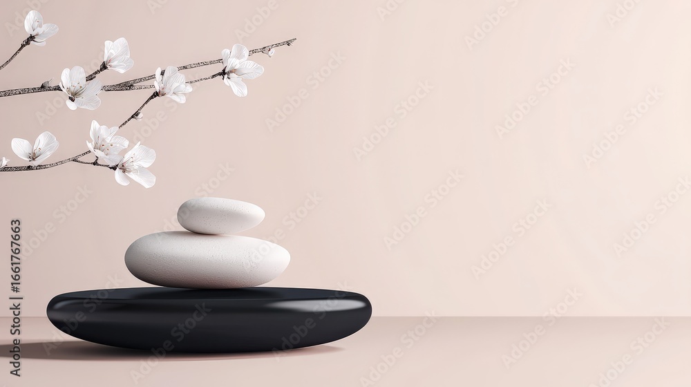 Poster productivity tools workflow minimalist concept. smooth stones balanced with a branch of blossoms on 