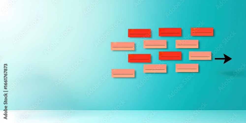 Poster productivity tools workflow minimalist concept. abstract arrangement of colored rectangles on a blue