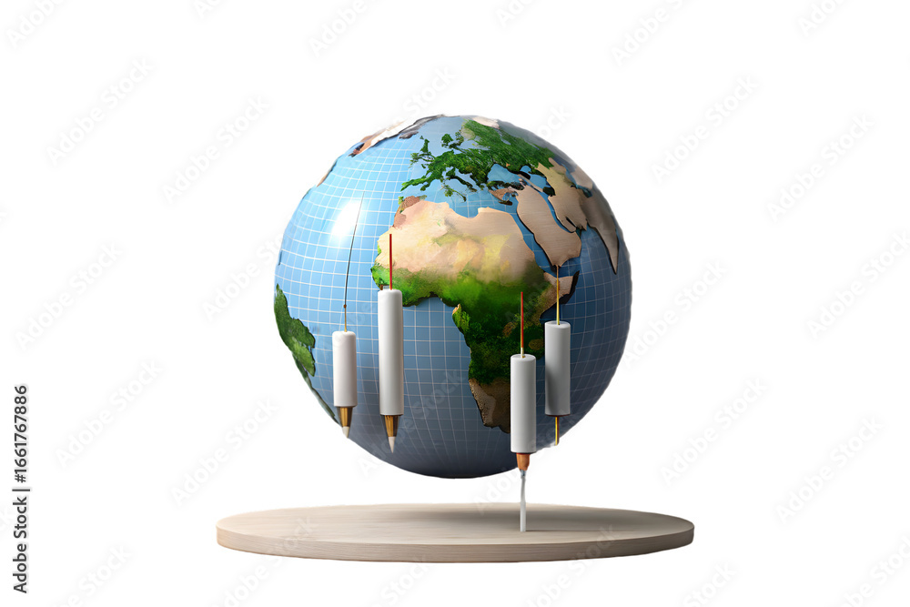 Poster earth globe with candlestick chart showing uptrend global market concept 3d rendering isolated on tr