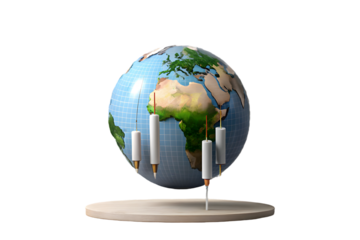 Earth globe with candlestick chart showing uptrend global market concept 3d rendering isolated on transparent background