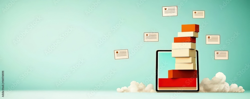 Poster productivity tools workflow minimalist concept. digital stack of books with floating documents and a