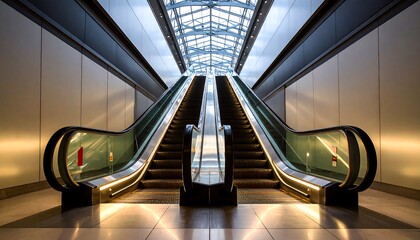 Obraz premium Empty Escalator Ascending to Glass Ceiling in Modern Building