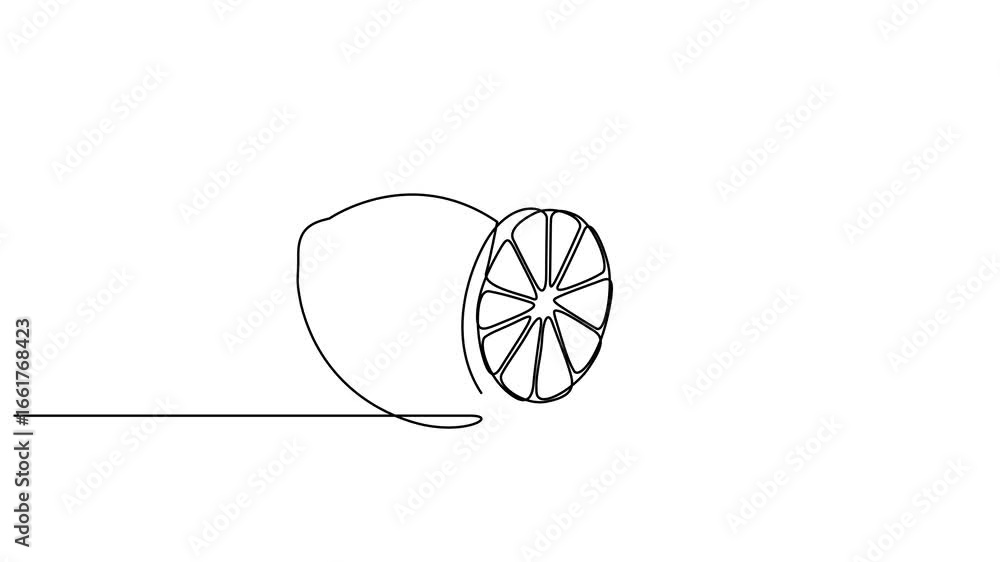 Poster self drawing simple animation of single continuous one line drawing of citrus fruit lemon. full leng