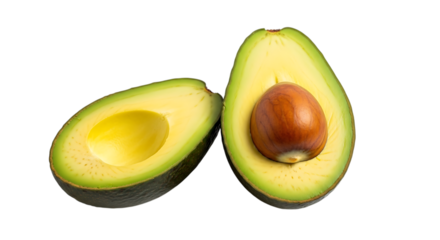 Fresh avocado halves isolated on transparent background, a healthy and delicious fruit, perfect for salads, snacks, and meals, showcasing its vibrant green color and smooth texture